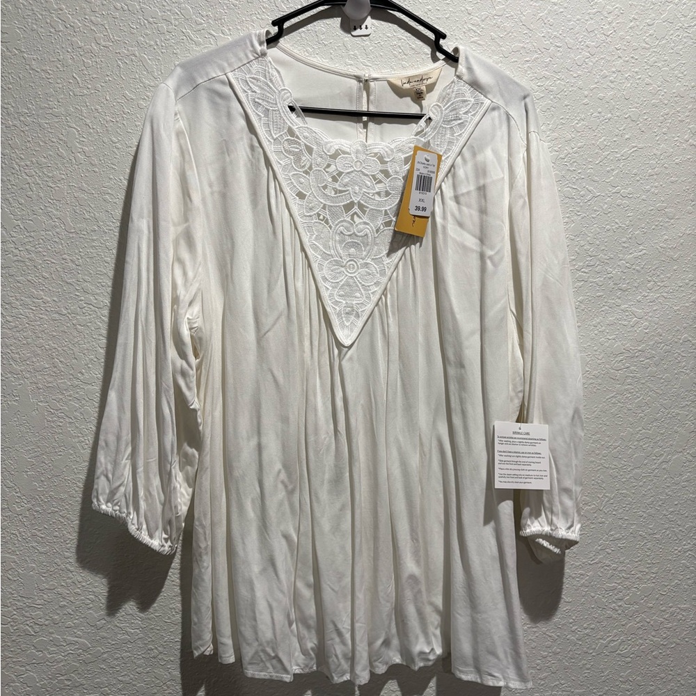 LINDA ANDERSON IVORY‎ LACE YOKE LONGER SLEEVE TUNIC TOP --WOMENS XXL NWT